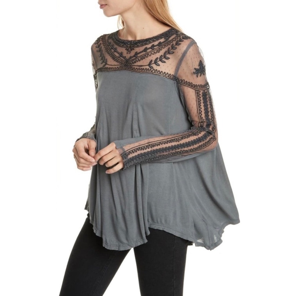 Free People Jojo Lace Contrast Long Sleeve Top Grey Embroidered Mesh Blouse S